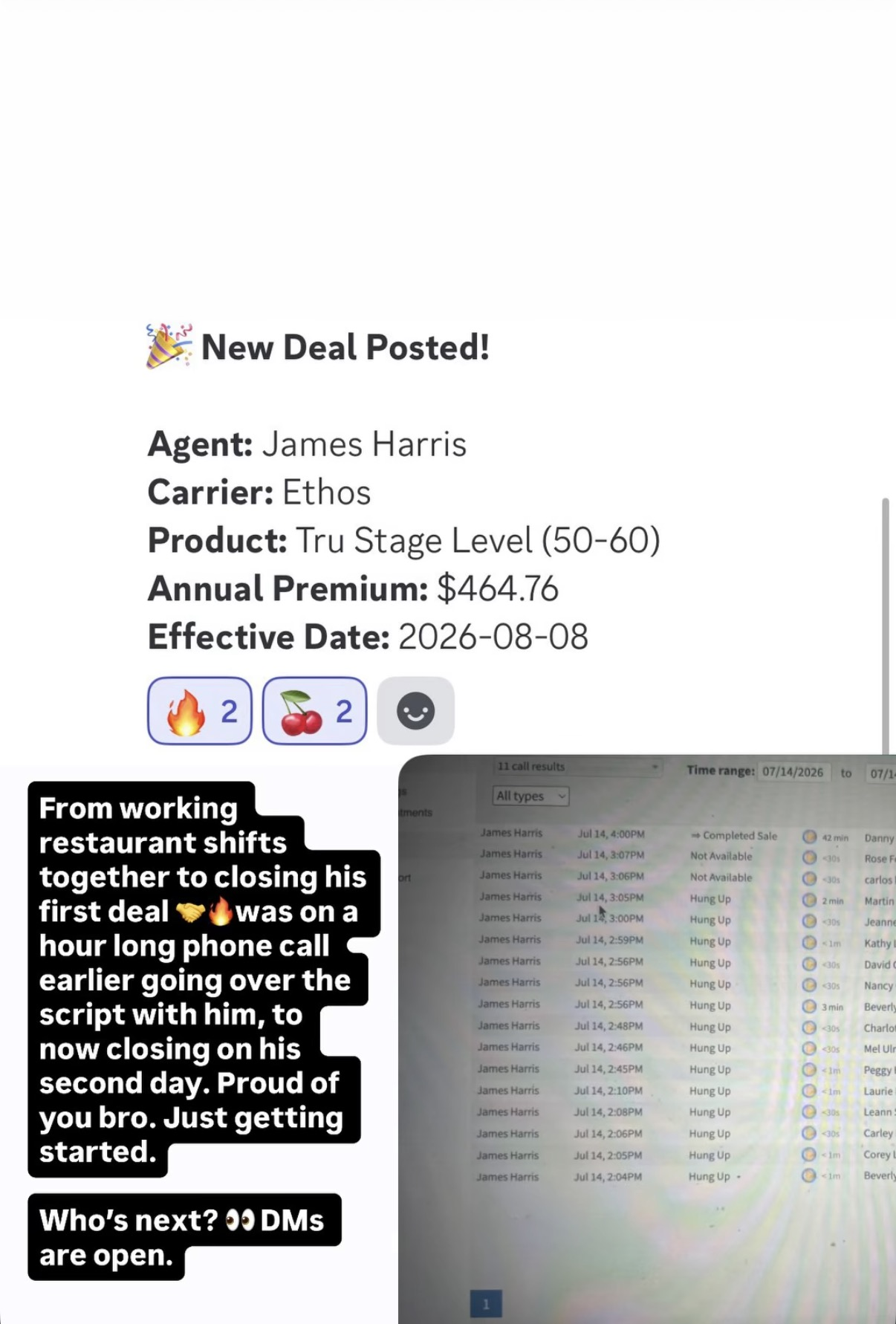 Deal notification for agent James Harris with a $464.76 annual premium next to his dialer call log